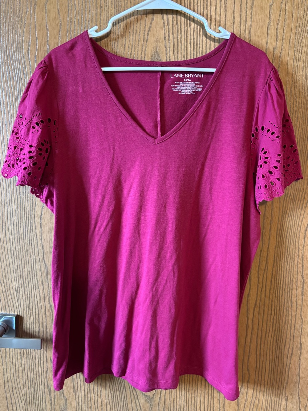 Lane Bryant Raspberry V-Neck Short Sleeve Top with Eyelet Sleeves